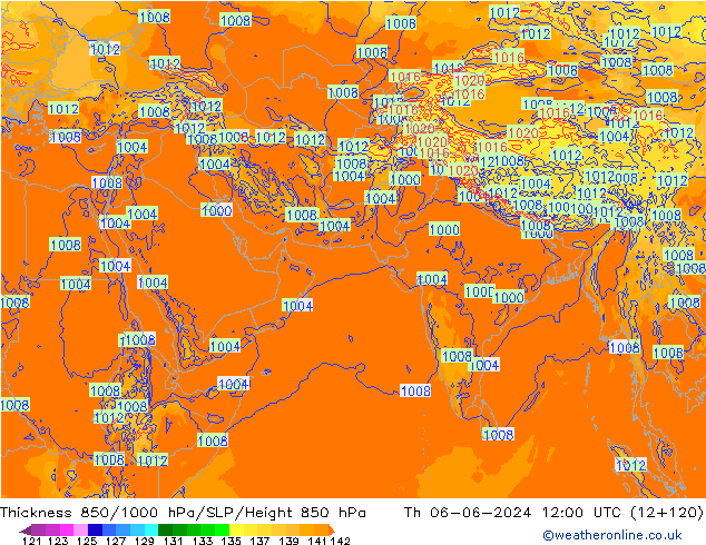 Espesor 850-1000 hPa ECMWF jue 06.06.2024 12 UTC