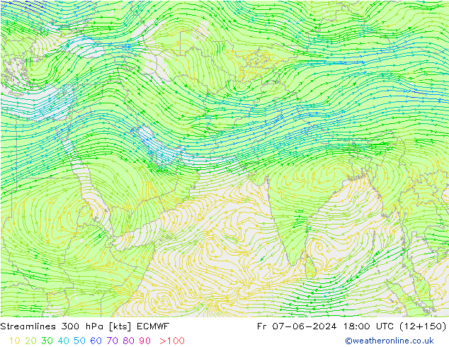 Linia prądu 300 hPa ECMWF pt. 07.06.2024 18 UTC