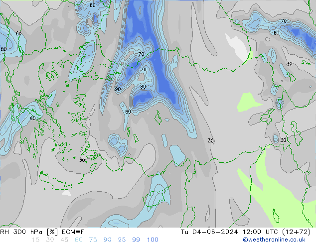 Humidité rel. 300 hPa ECMWF mar 04.06.2024 12 UTC