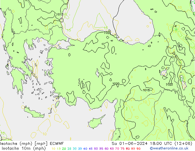 Isotachs (mph) ECMWF сб 01.06.2024 18 UTC