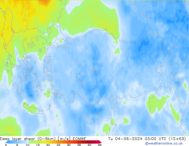 Deep layer shear (0-6km) ECMWF wto. 04.06.2024 03 UTC