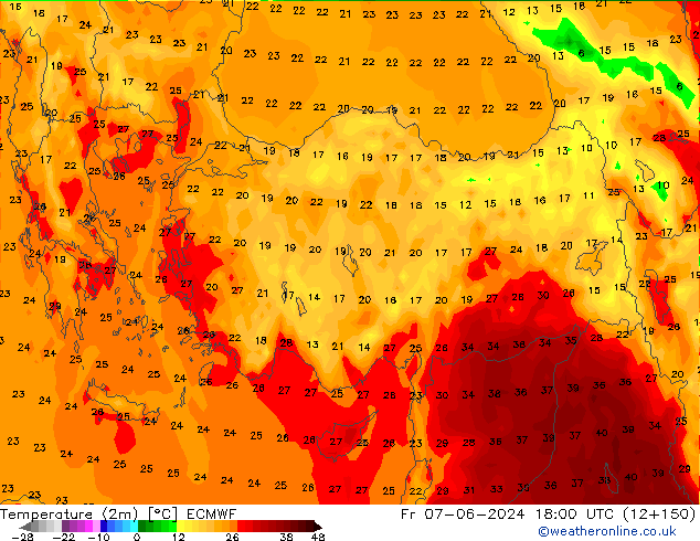 Temperaturkarte (2m) ECMWF Fr 07.06.2024 18 UTC