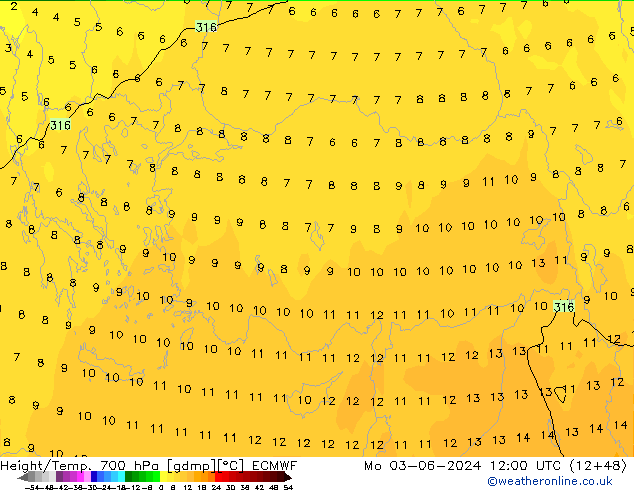 Height/Temp. 700 hPa ECMWF  03.06.2024 12 UTC