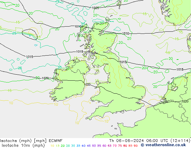 Isotachs (mph) ECMWF Th 06.06.2024 06 UTC