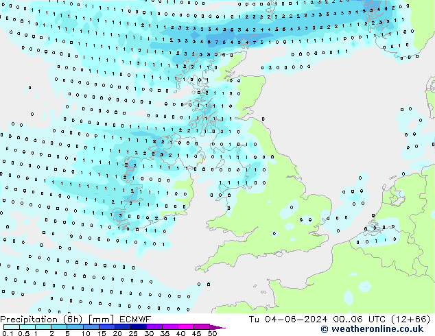 Precipitation (6h) ECMWF Tu 04.06.2024 06 UTC