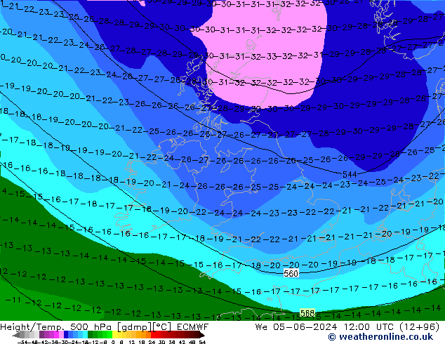 Z500/Rain (+SLP)/Z850 ECMWF Qua 05.06.2024 12 UTC