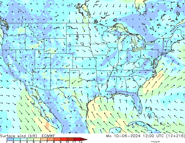 wiatr 10 m (bft) ECMWF pon. 10.06.2024 12 UTC