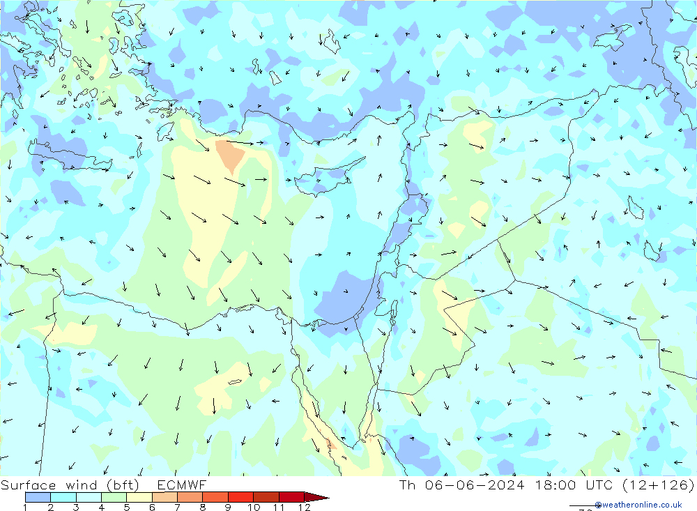 Surface wind (bft) ECMWF Čt 06.06.2024 18 UTC