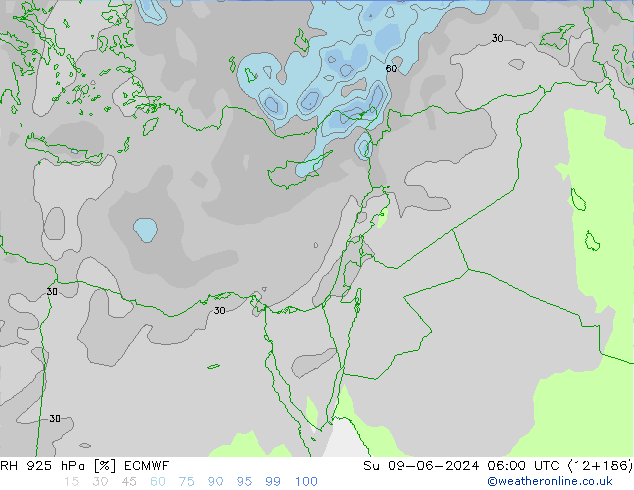 Humidité rel. 925 hPa ECMWF dim 09.06.2024 06 UTC