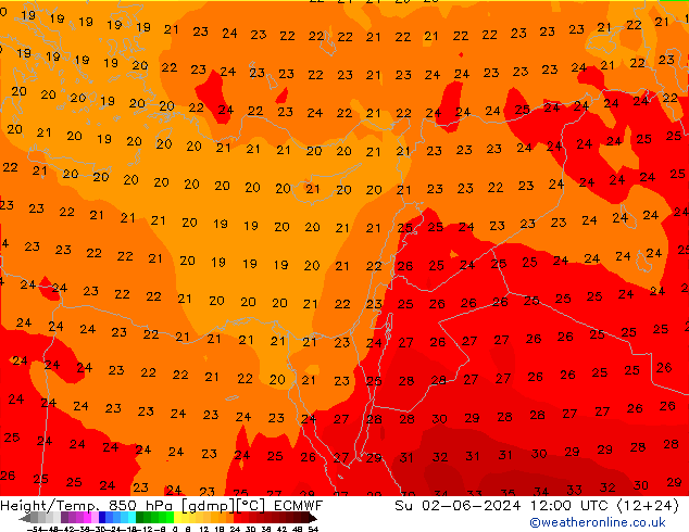 Height/Temp. 850 hPa ECMWF nie. 02.06.2024 12 UTC