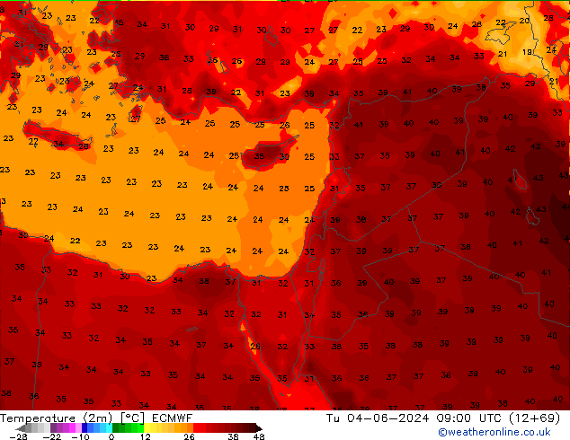 mapa temperatury (2m) ECMWF wto. 04.06.2024 09 UTC