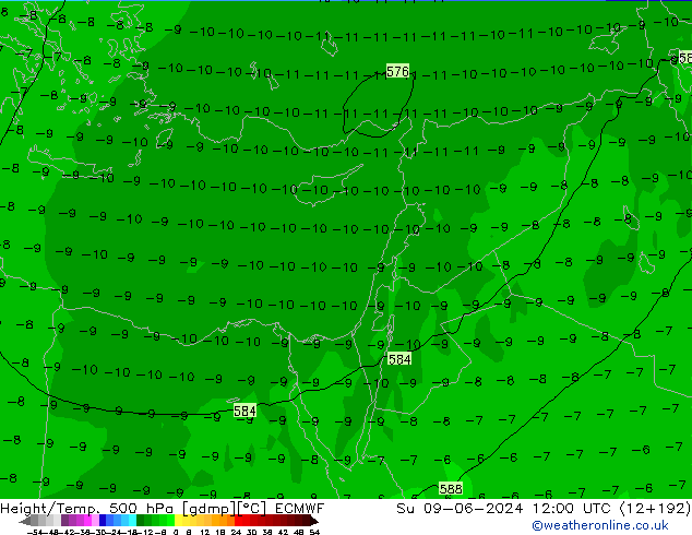 Z500/Rain (+SLP)/Z850 ECMWF Вс 09.06.2024 12 UTC