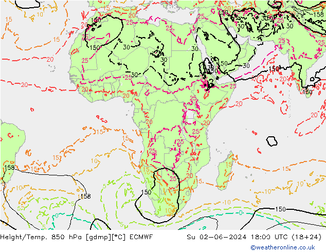 Height/Temp. 850 hPa ECMWF Su 02.06.2024 18 UTC