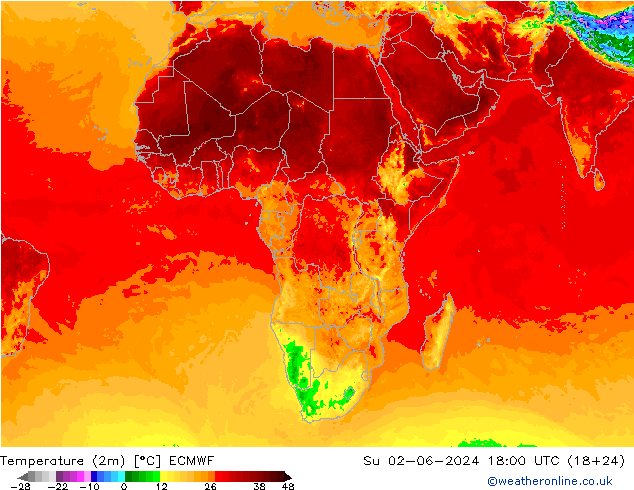 Sıcaklık Haritası (2m) ECMWF Paz 02.06.2024 18 UTC
