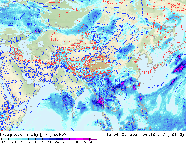 Precipitation (12h) ECMWF Út 04.06.2024 18 UTC