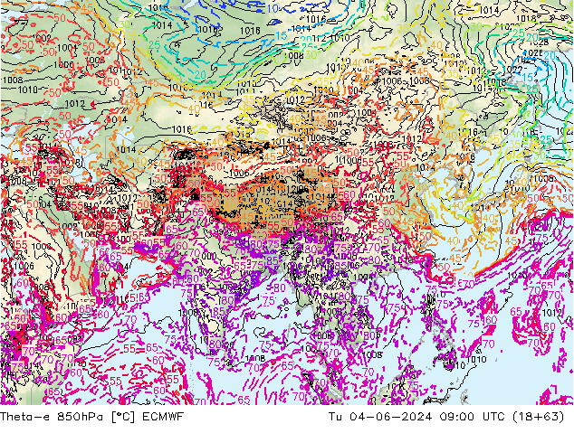 Theta-e 850hPa ECMWF Tu 04.06.2024 09 UTC