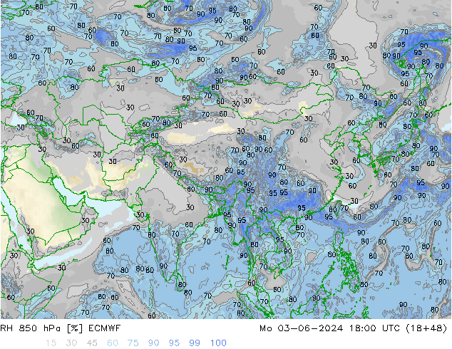 Humidité rel. 850 hPa ECMWF lun 03.06.2024 18 UTC