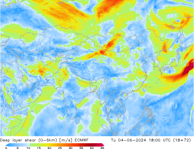 Deep layer shear (0-6km) ECMWF Út 04.06.2024 18 UTC