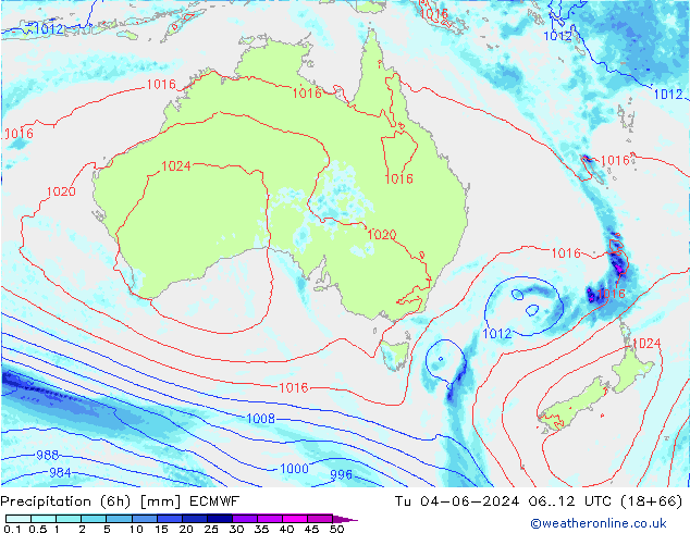 Precipitation (6h) ECMWF Tu 04.06.2024 12 UTC