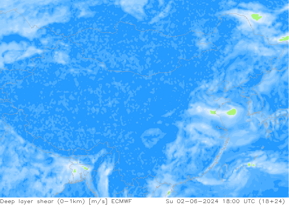 Deep layer shear (0-1km) ECMWF 星期日 02.06.2024 18 UTC