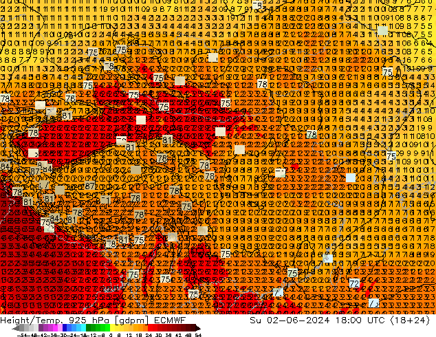 Yükseklik/Sıc. 925 hPa ECMWF Paz 02.06.2024 18 UTC