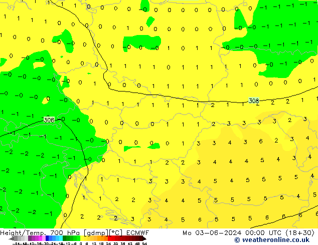 Height/Temp. 700 hPa ECMWF Mo 03.06.2024 00 UTC