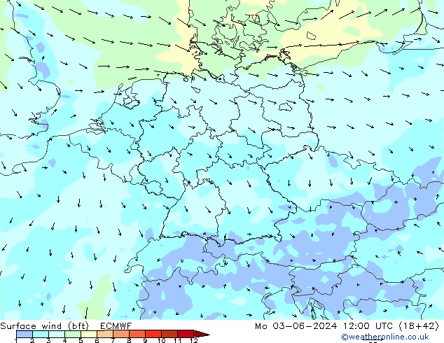 Vento 10 m (bft) ECMWF lun 03.06.2024 12 UTC