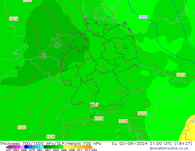 Schichtdicke 700-1000 hPa ECMWF So 02.06.2024 21 UTC