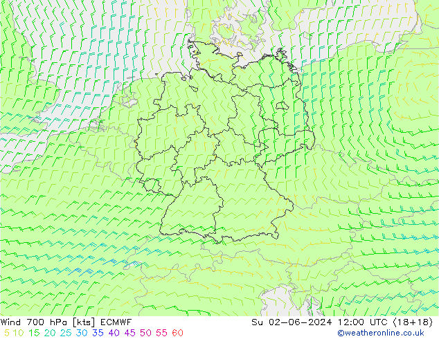 Wind 700 hPa ECMWF So 02.06.2024 12 UTC