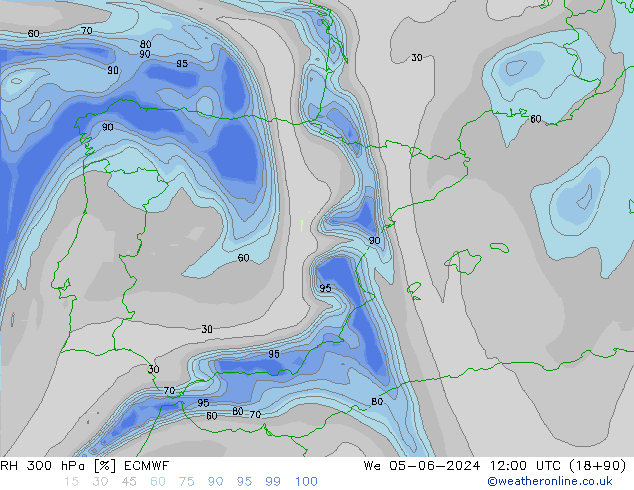 Humidité rel. 300 hPa ECMWF mer 05.06.2024 12 UTC