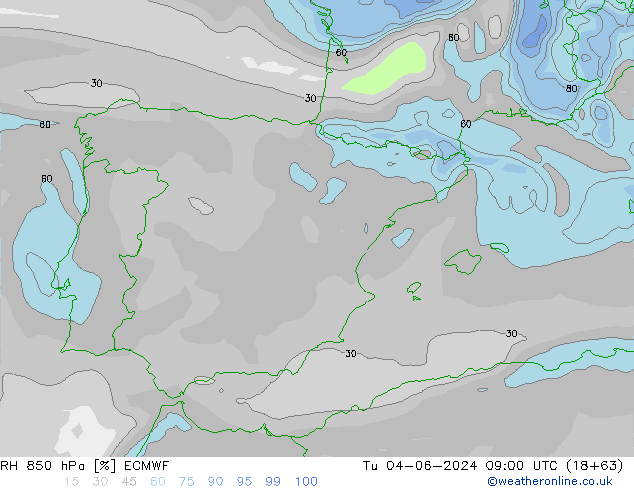 Humidité rel. 850 hPa ECMWF mar 04.06.2024 09 UTC