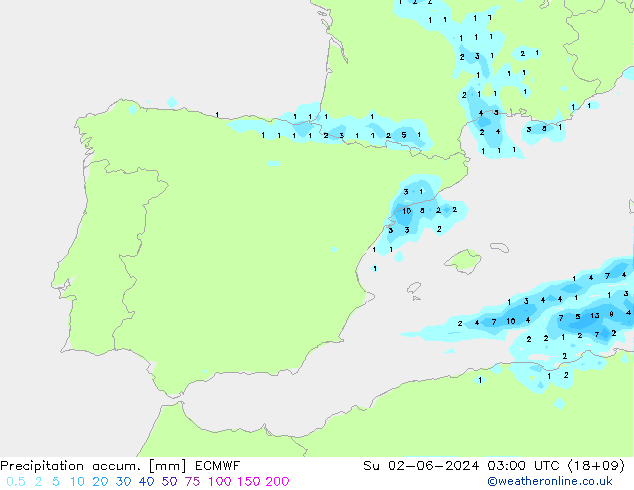Precipitation accum. ECMWF Su 02.06.2024 03 UTC