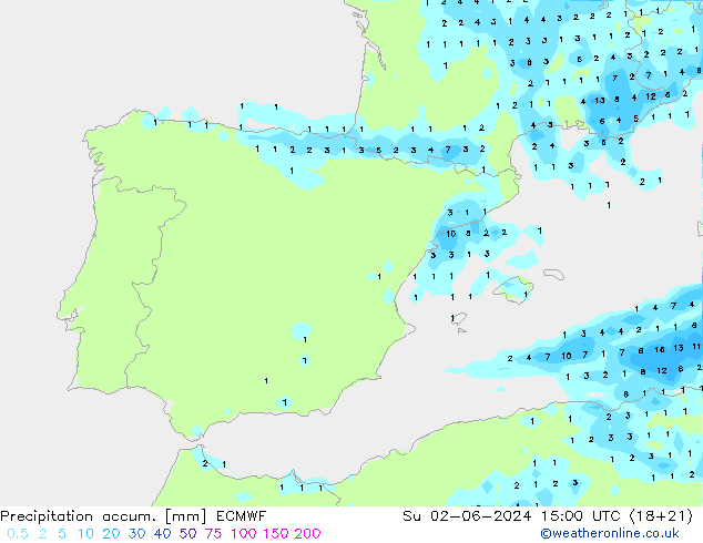 Precipitation accum. ECMWF Su 02.06.2024 15 UTC