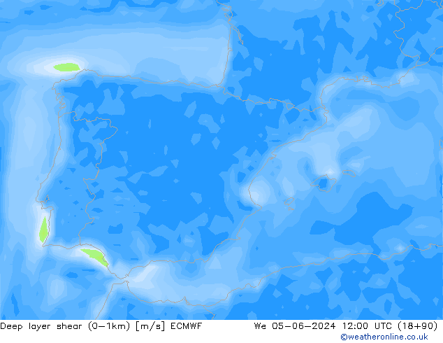Deep layer shear (0-1km) ECMWF mer 05.06.2024 12 UTC