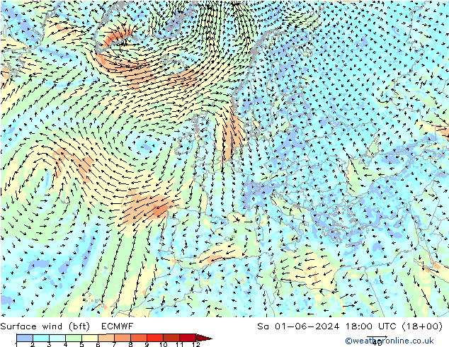 Vento 10 m (bft) ECMWF Sáb 01.06.2024 18 UTC