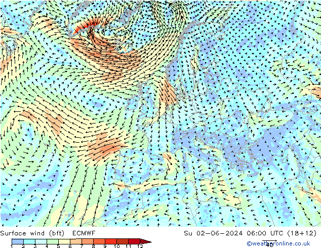 wiatr 10 m (bft) ECMWF nie. 02.06.2024 06 UTC