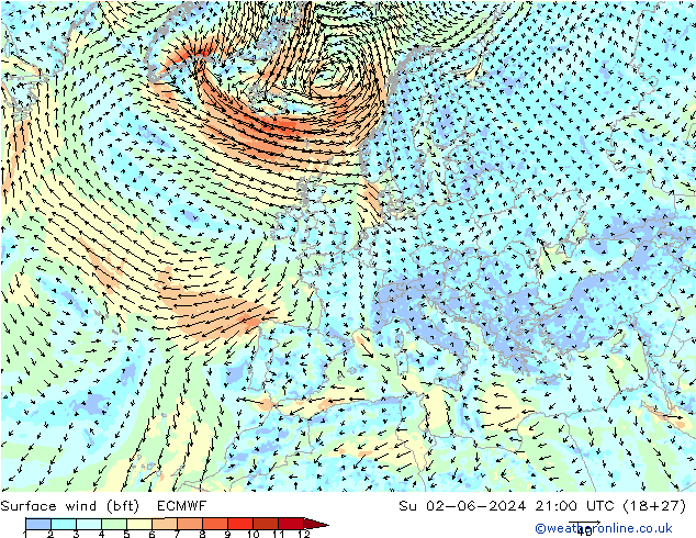 ве�Bе�@ 10 m (bft) ECMWF Вс 02.06.2024 21 UTC