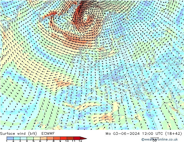 Surface wind (bft) ECMWF Mo 03.06.2024 12 UTC