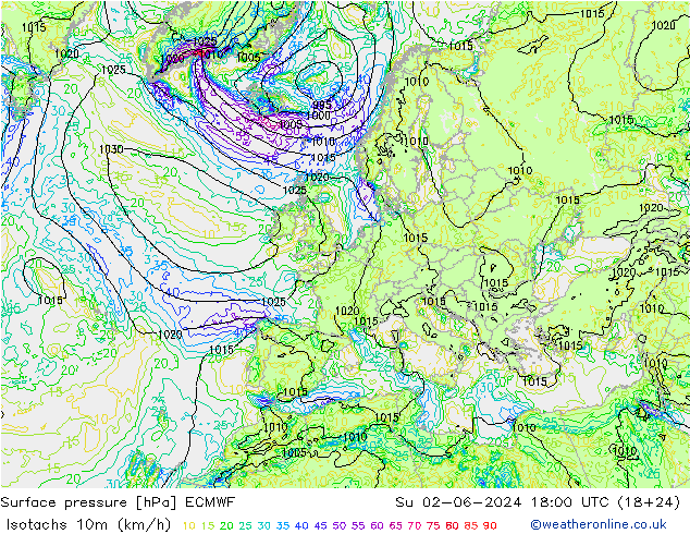 Isotachs (kph) ECMWF dim 02.06.2024 18 UTC