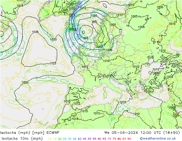 Isotaca (mph) ECMWF mié 05.06.2024 12 UTC