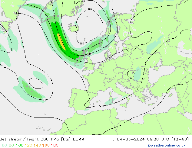 Jet stream/Height 300 hPa ECMWF Tu 04.06.2024 06 UTC