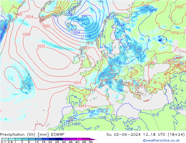 Z500/Yağmur (+YB)/Z850 ECMWF Paz 02.06.2024 18 UTC