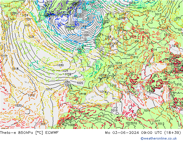 Theta-e 850hPa ECMWF Po 03.06.2024 09 UTC