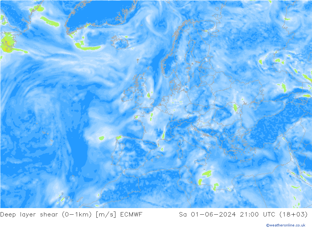 Deep layer shear (0-1km) ECMWF so. 01.06.2024 21 UTC