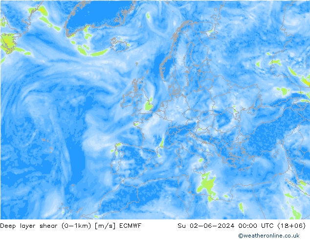 Deep layer shear (0-1km) ECMWF dom 02.06.2024 00 UTC