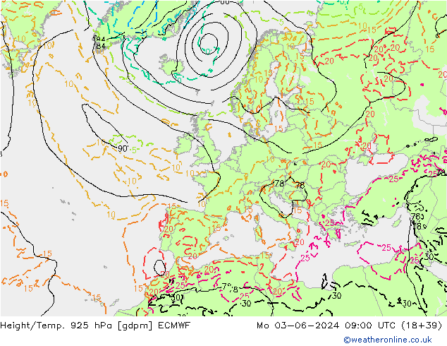 Hoogte/Temp. 925 hPa ECMWF ma 03.06.2024 09 UTC
