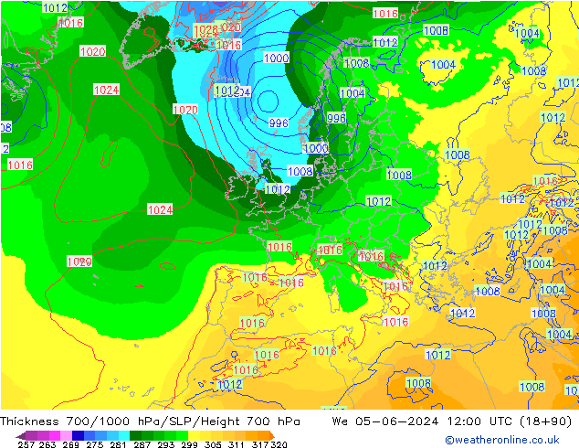 Thck 700-1000 hPa ECMWF Qua 05.06.2024 12 UTC