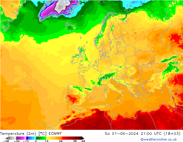 Temperature (2m) ECMWF Sa 01.06.2024 21 UTC