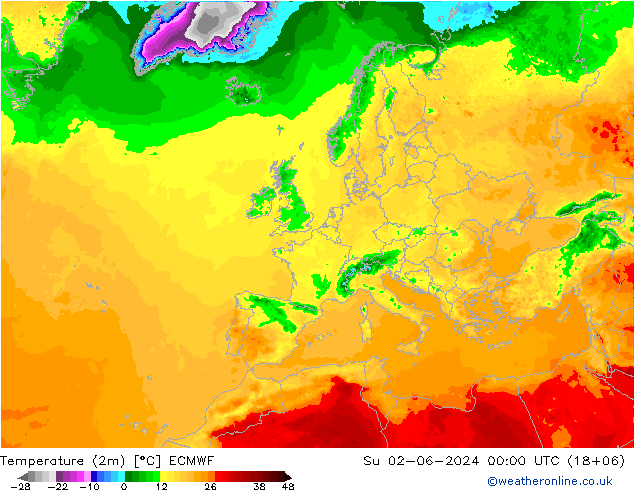 Temperatura (2m) ECMWF dom 02.06.2024 00 UTC