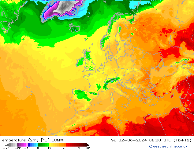 Temperatura (2m) ECMWF dom 02.06.2024 06 UTC